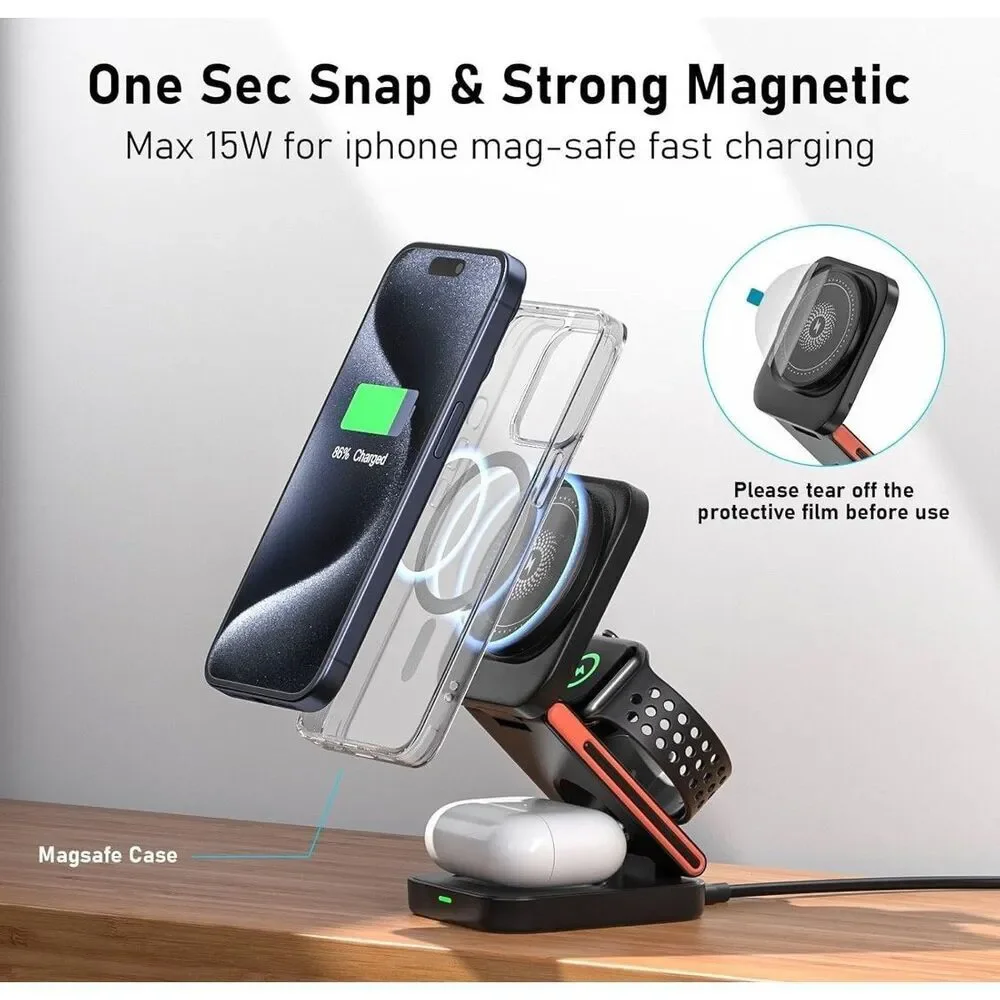 Foldable 3-in-1 Magnetic Wireless Charging Station Black With Carrying‎ Case